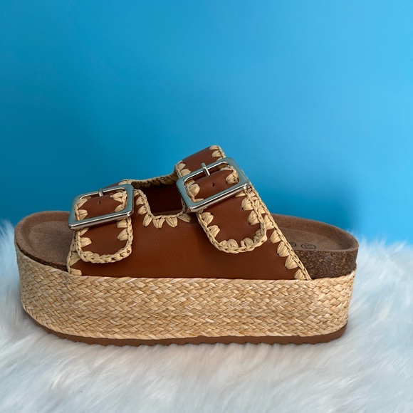 Brown and Cream Platform Shoes with Decorative Straps - Picture 5 of 10